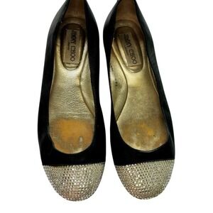 Jimmy Choo Black Leather Crystal Cap Toe Ballet Flats Gold Logo 36.5 US 6.5